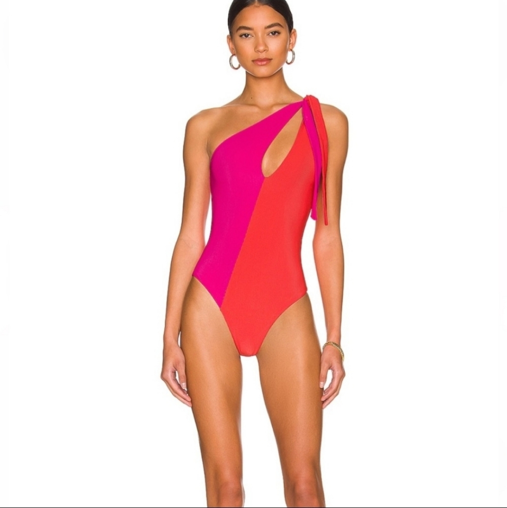Beach Riot One-Shoulder Colorblock One-Piece Swimsuit in Pink and Red